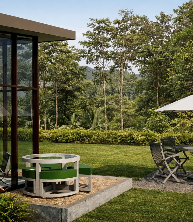 Jardín y área social de Harmony Wellness Hub
