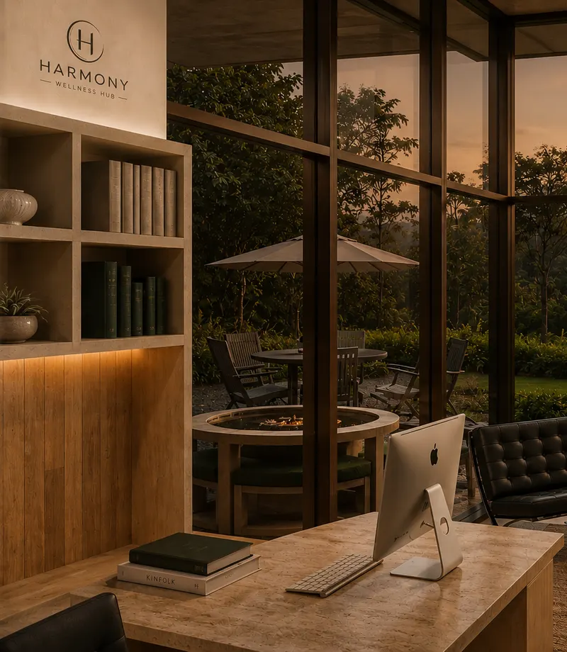 Recepción interior con vista a la montaña, Harmony Wellness Hub