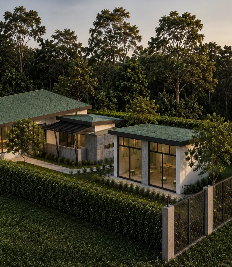 Vista aérea de las instalaciones de Harmony Wellness Hub